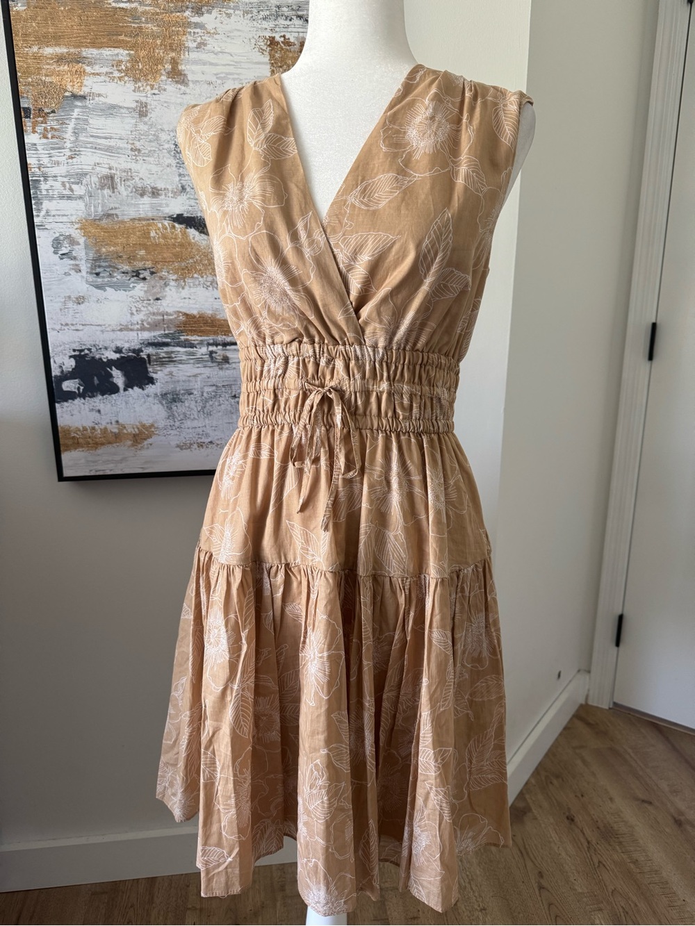 Tommy Hilfiger Tan Floral V-Neck Smocked Waist Midi Dress